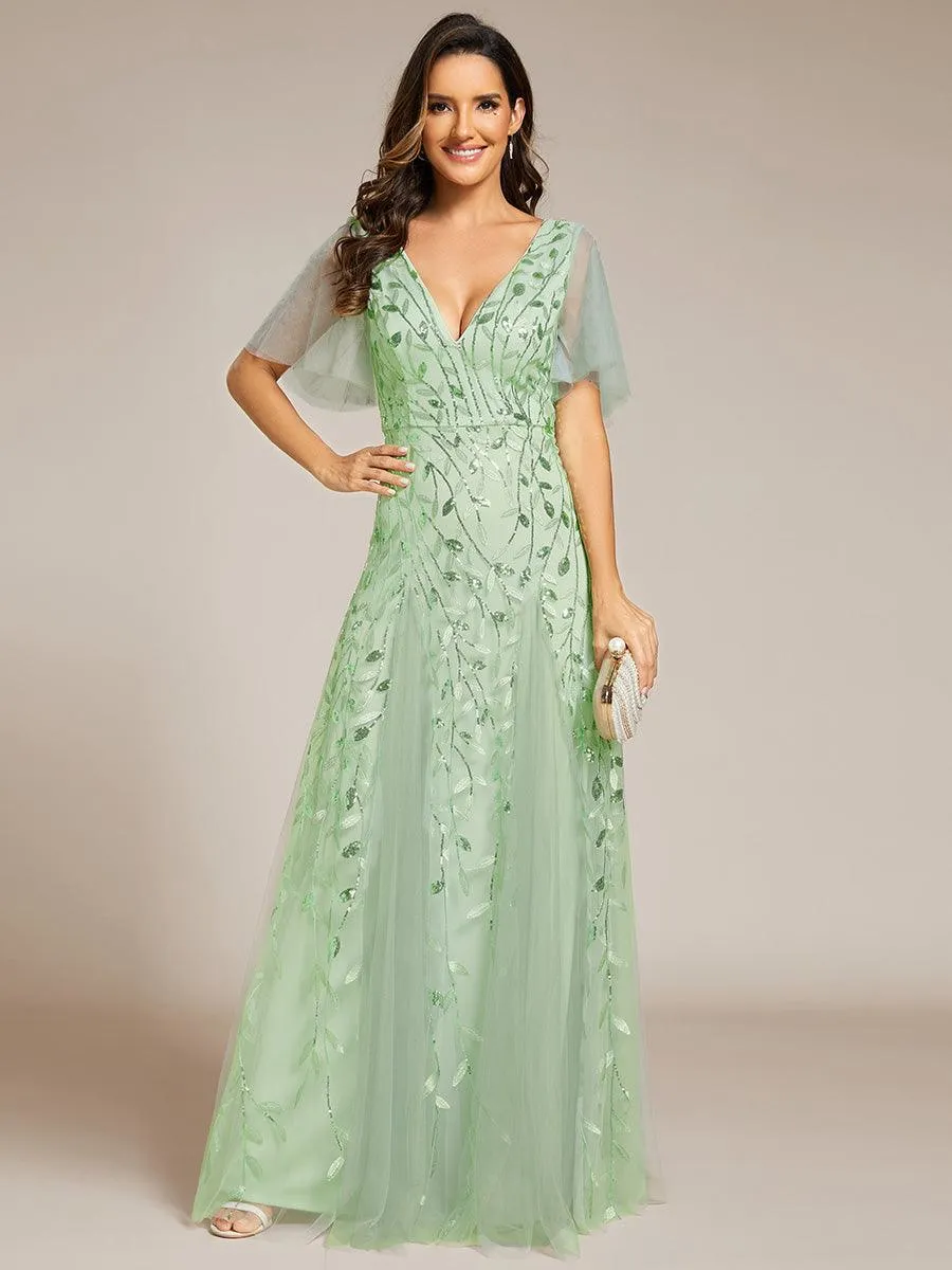 Taille personnalisée Grande Taille Robe de Soirée Romantique Scintillante à col en V et Manches à Volants