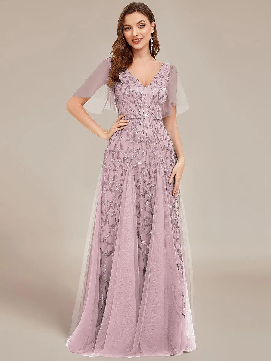 Taille personnalisée Grande Taille Robe de Soirée Romantique Scintillante à col en V et Manches à Volants
