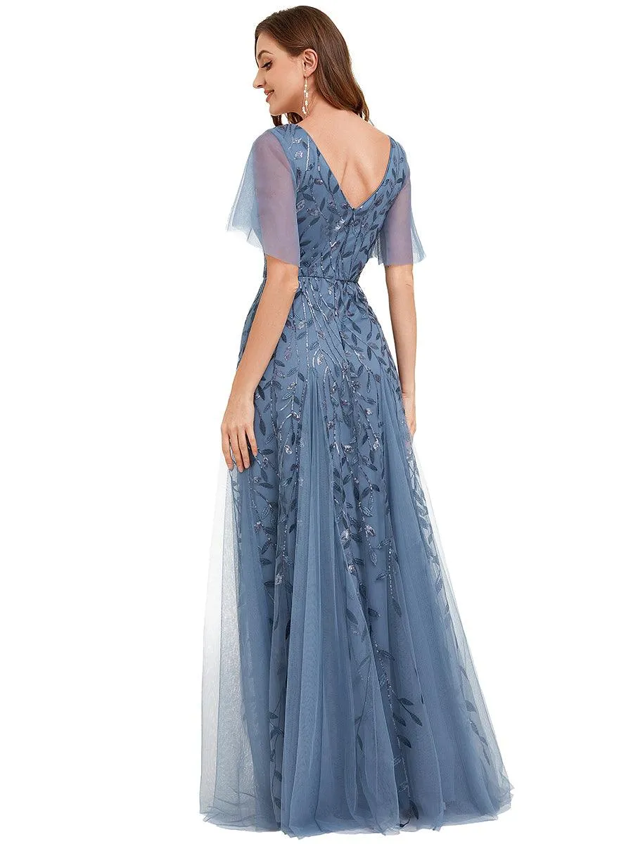 Taille personnalisée Grande Taille Robe de Soirée Romantique Scintillante à col en V et Manches à Volants