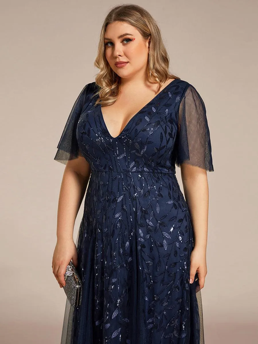 Taille personnalisée Grande Taille Robe de Soirée Romantique Scintillante à col en V et Manches à Volants