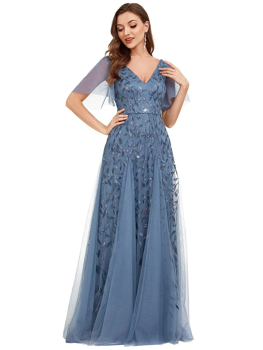 Taille personnalisée Grande Taille Robe de Soirée Romantique Scintillante à col en V et Manches à Volants