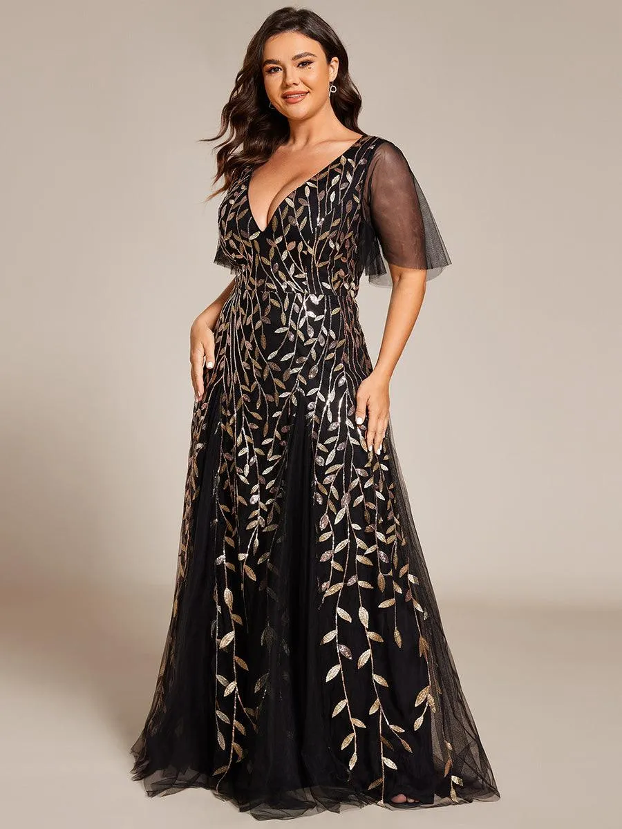 Taille personnalisée Grande Taille Robe de Soirée Romantique Scintillante à col en V et Manches à Volants