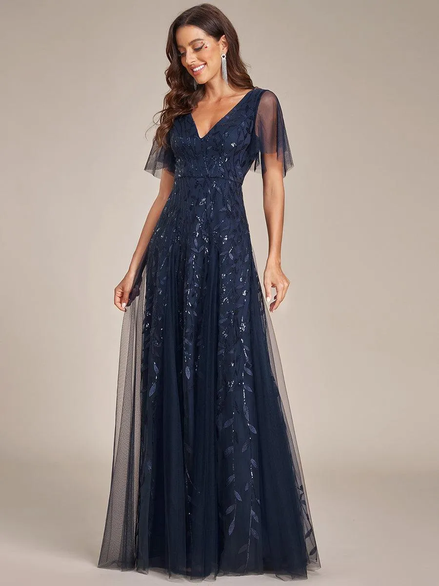 Taille personnalisée Grande Taille Robe de Soirée Romantique Scintillante à col en V et Manches à Volants