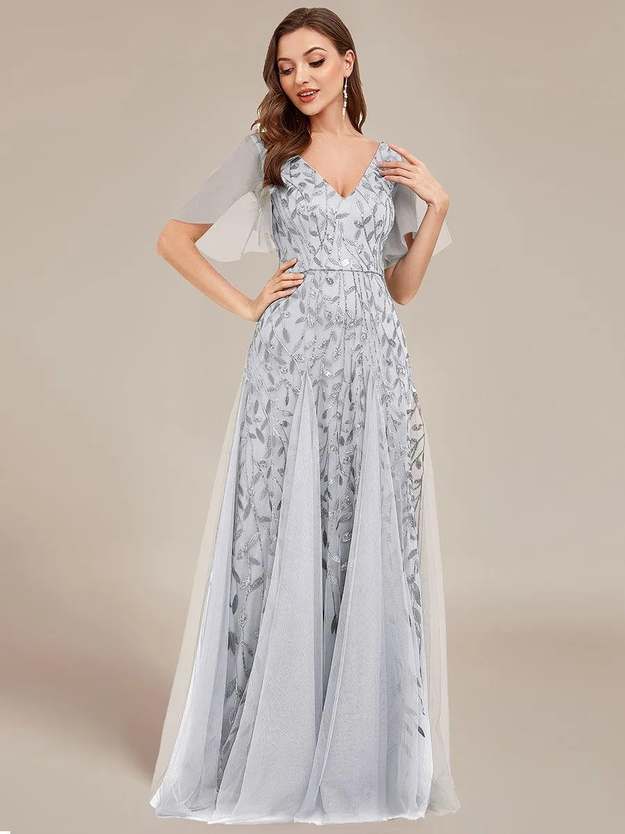 Taille personnalisée Grande Taille Robe de Soirée Romantique Scintillante à col en V et Manches à Volants