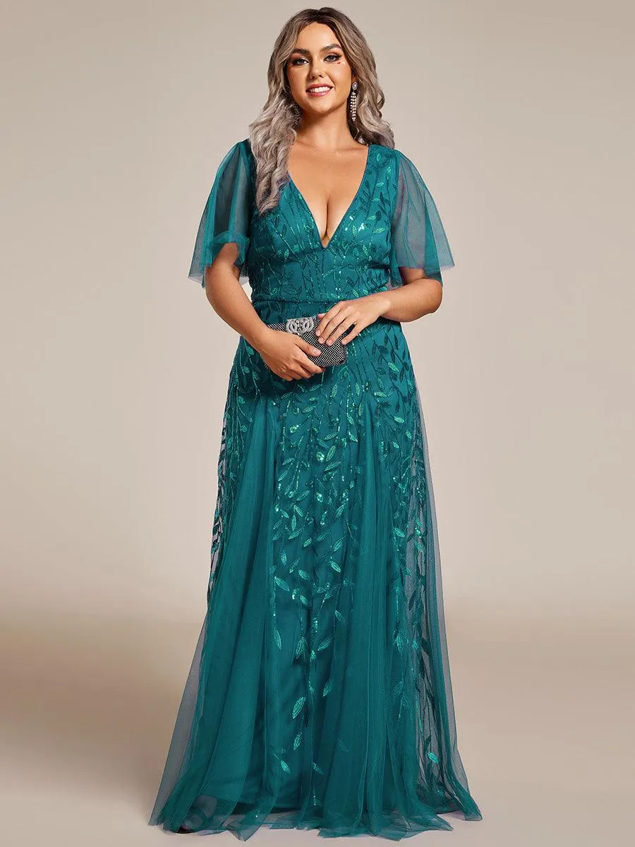 Taille personnalisée Grande Taille Robe de Soirée Romantique Scintillante à col en V et Manches à Volants