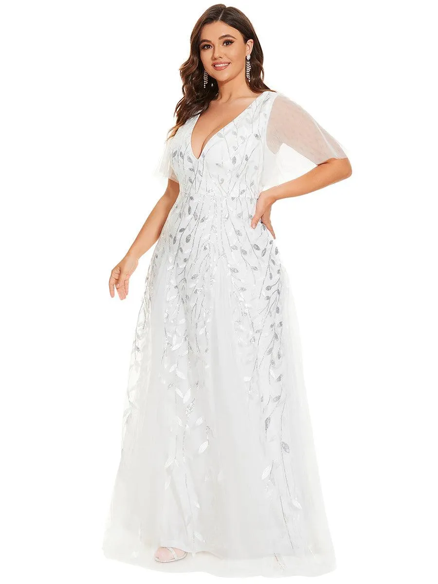 Taille personnalisée Grande Taille Robe de Soirée Romantique Scintillante à col en V et Manches à Volants