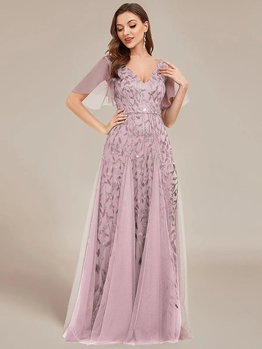 Taille personnalisée Grande Taille Robe de Soirée Romantique Scintillante à col en V et Manches à Volants
