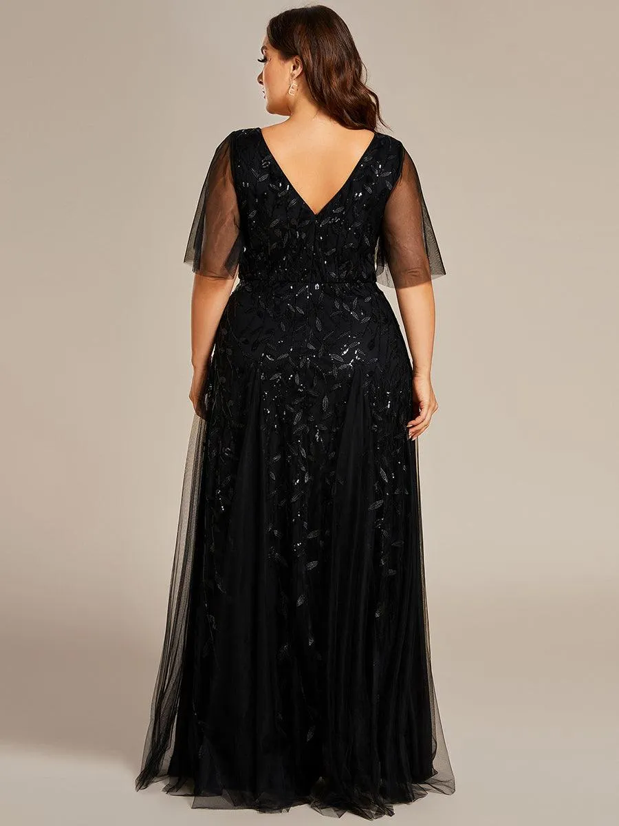 Taille personnalisée Grande Taille Robe de Soirée Romantique Scintillante à col en V et Manches à Volants
