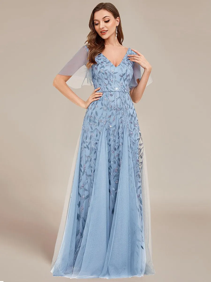 Taille personnalisée Grande Taille Robe de Soirée Romantique Scintillante à col en V et Manches à Volants