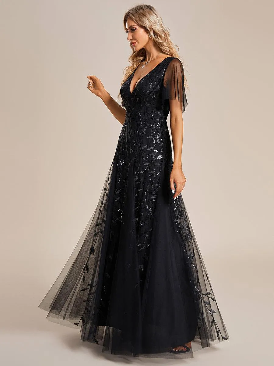 Taille personnalisée Grande Taille Robe de Soirée Romantique Scintillante à col en V et Manches à Volants