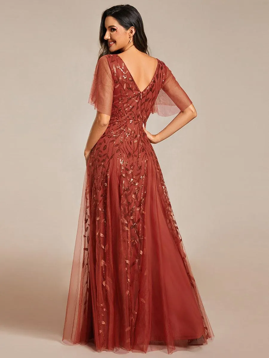 Taille personnalisée Grande Taille Robe de Soirée Romantique Scintillante à col en V et Manches à Volants