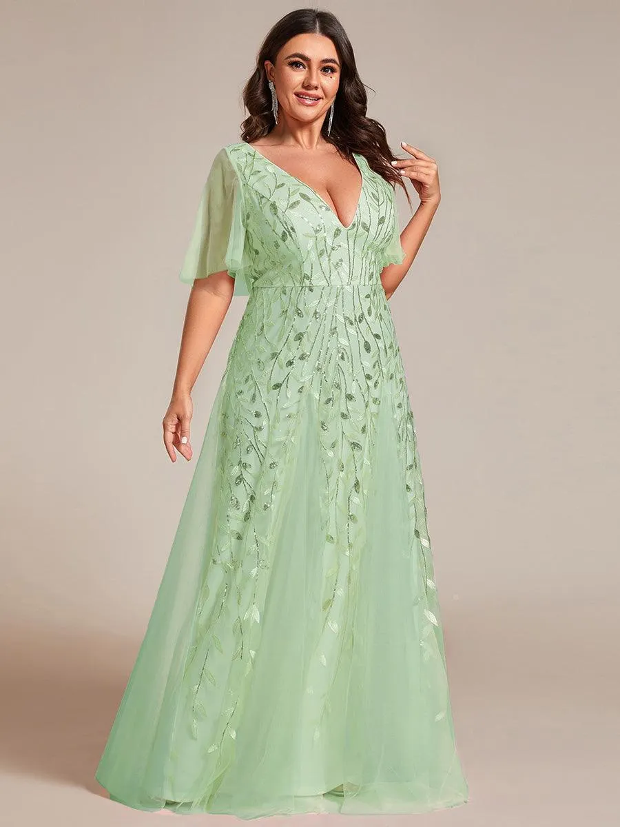 Taille personnalisée Grande Taille Robe de Soirée Romantique Scintillante à col en V et Manches à Volants