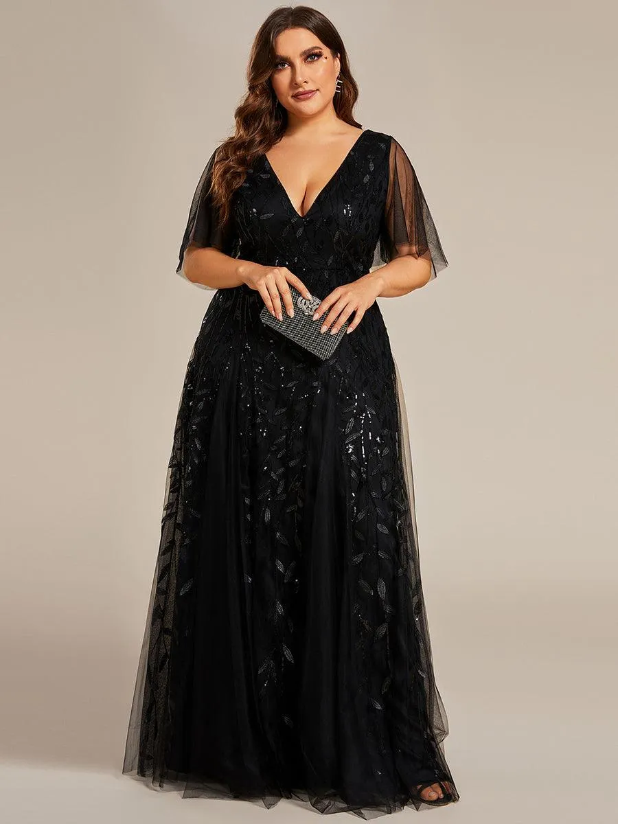 Taille personnalisée Grande Taille Robe de Soirée Romantique Scintillante à col en V et Manches à Volants