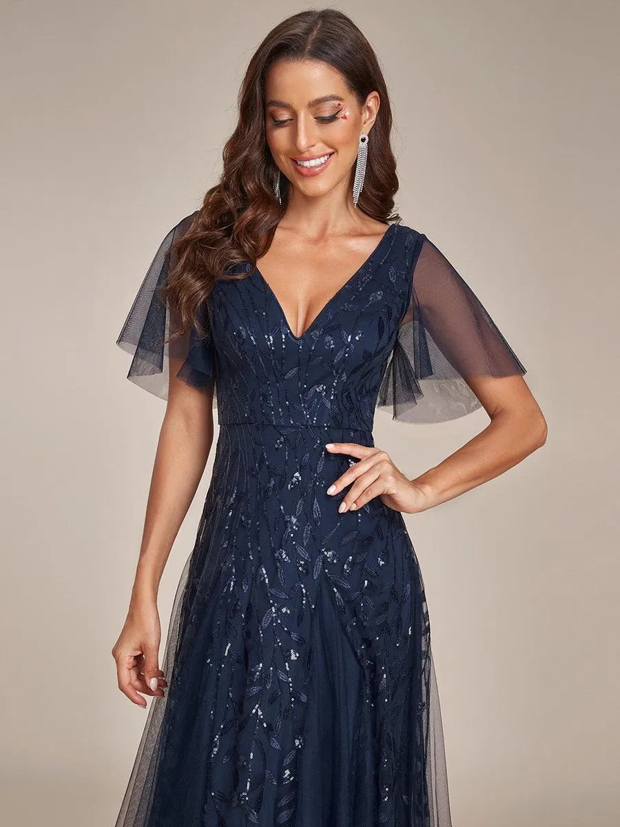 Taille personnalisée Grande Taille Robe de Soirée Romantique Scintillante à col en V et Manches à Volants