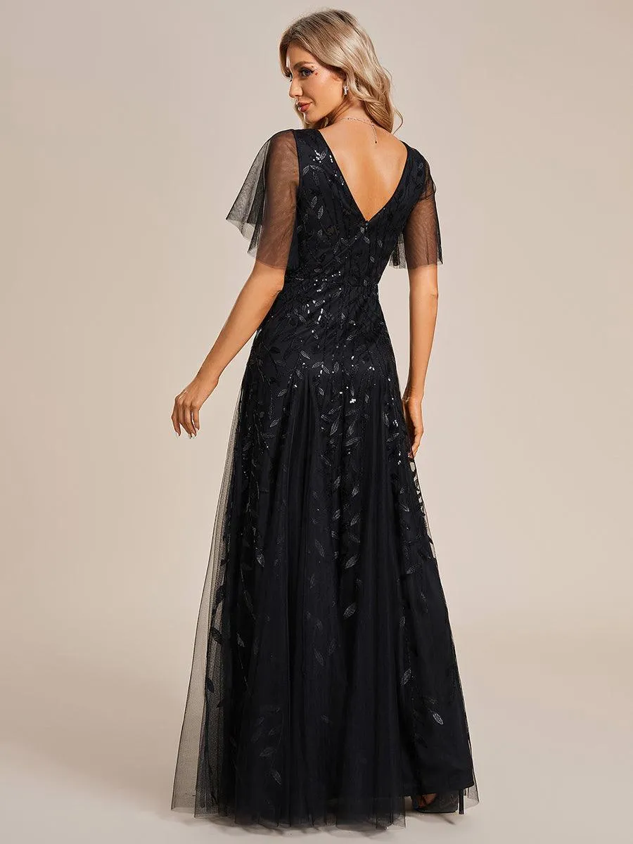 Taille personnalisée Grande Taille Robe de Soirée Romantique Scintillante à col en V et Manches à Volants