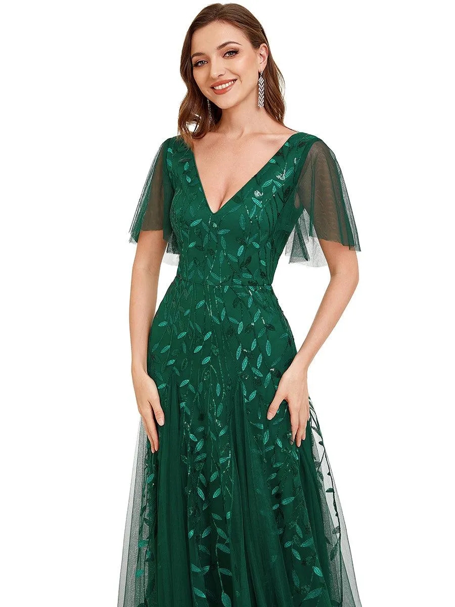 Taille personnalisée Grande Taille Robe de Soirée Romantique Scintillante à col en V et Manches à Volants