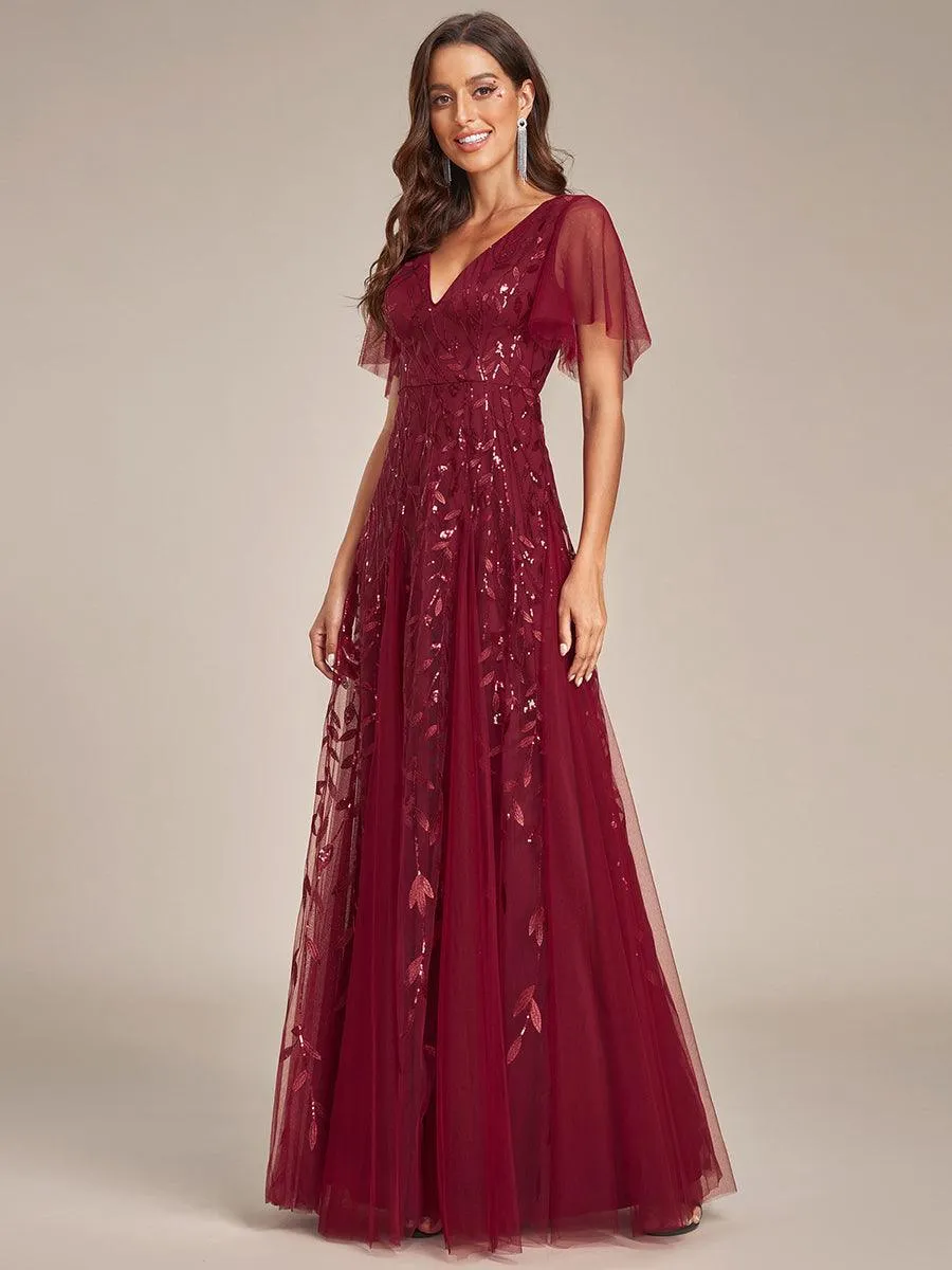 Taille personnalisée Grande Taille Robe de Soirée Romantique Scintillante à col en V et Manches à Volants