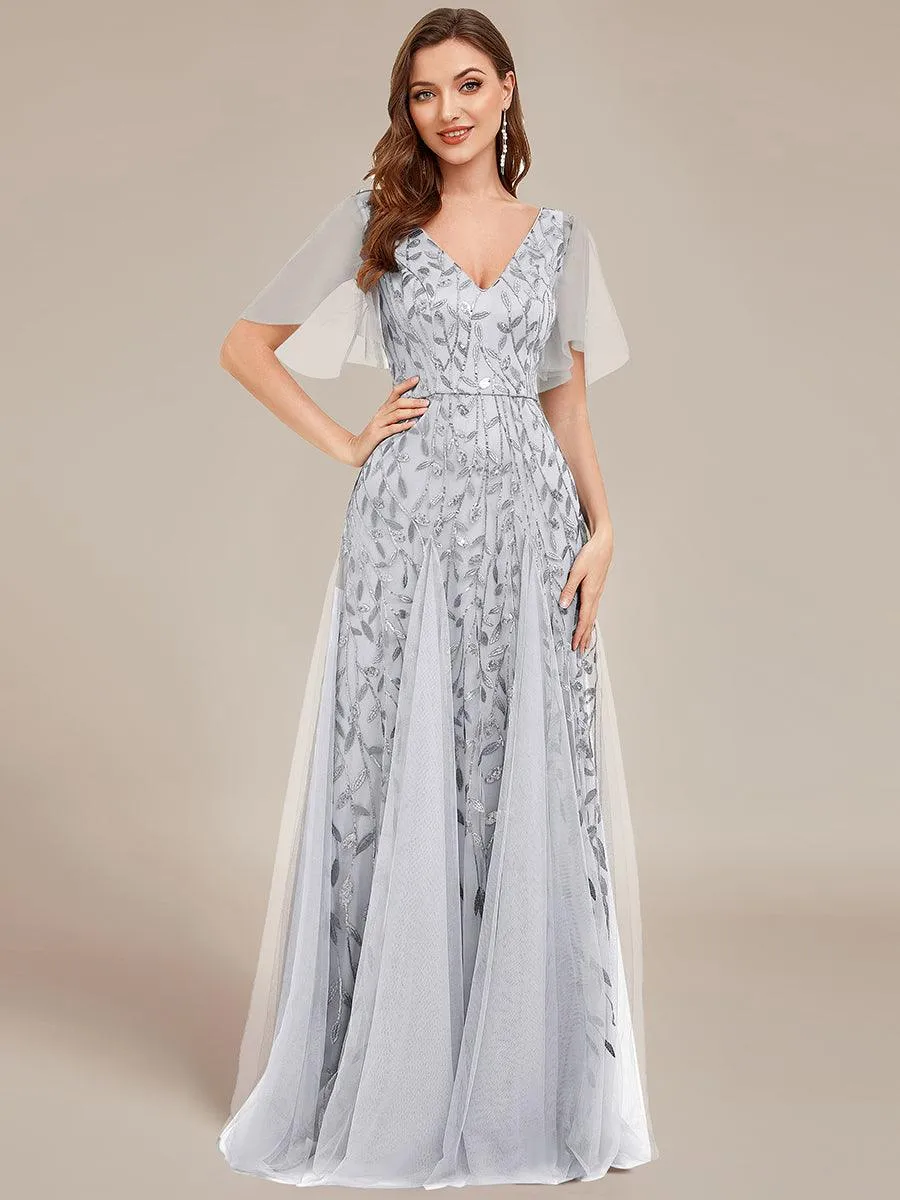 Taille personnalisée Grande Taille Robe de Soirée Romantique Scintillante à col en V et Manches à Volants