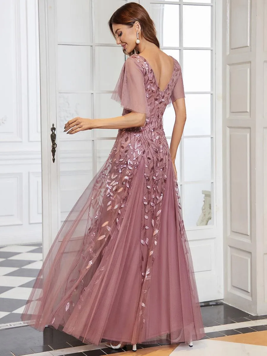 Taille personnalisée Grande Taille Robe de Soirée Romantique Scintillante à col en V et Manches à Volants