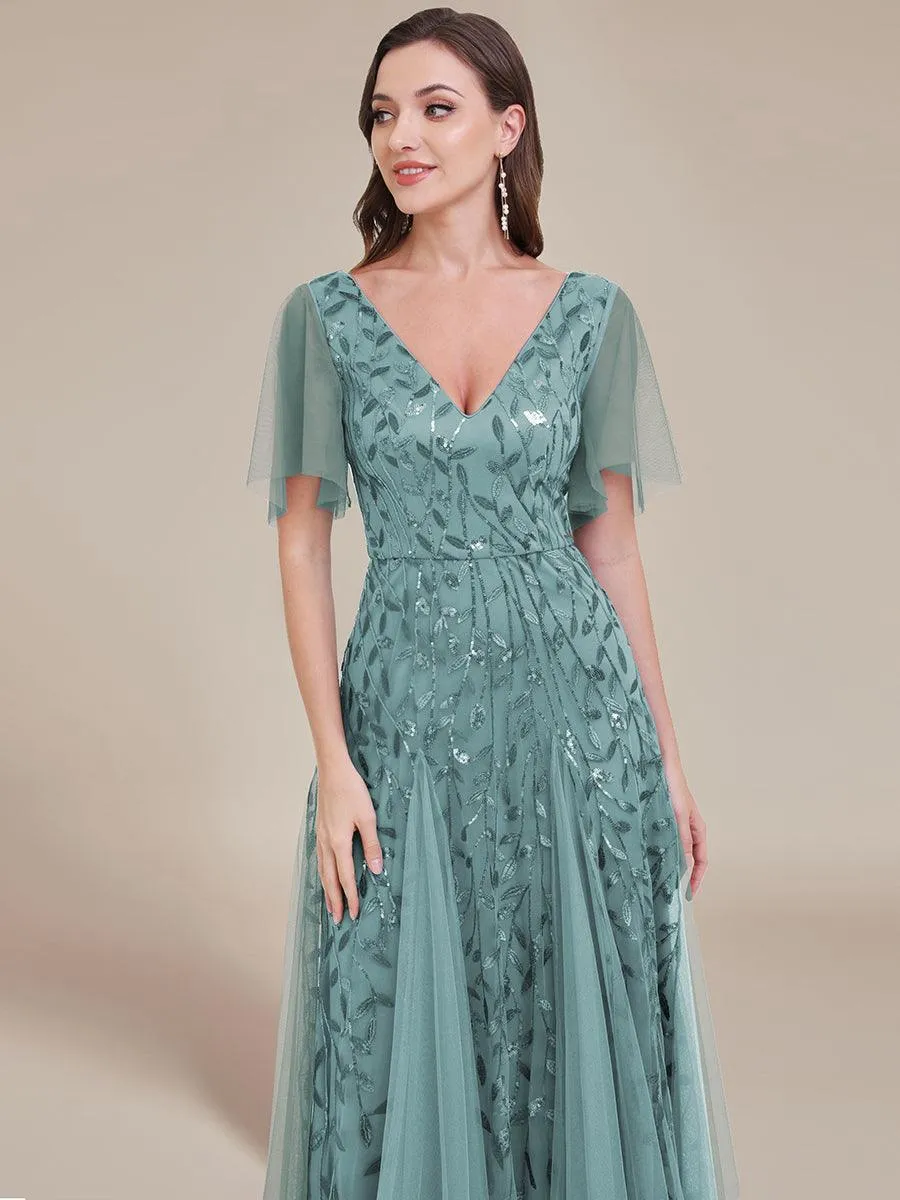 Taille personnalisée Grande Taille Robe de Soirée Romantique Scintillante à col en V et Manches à Volants