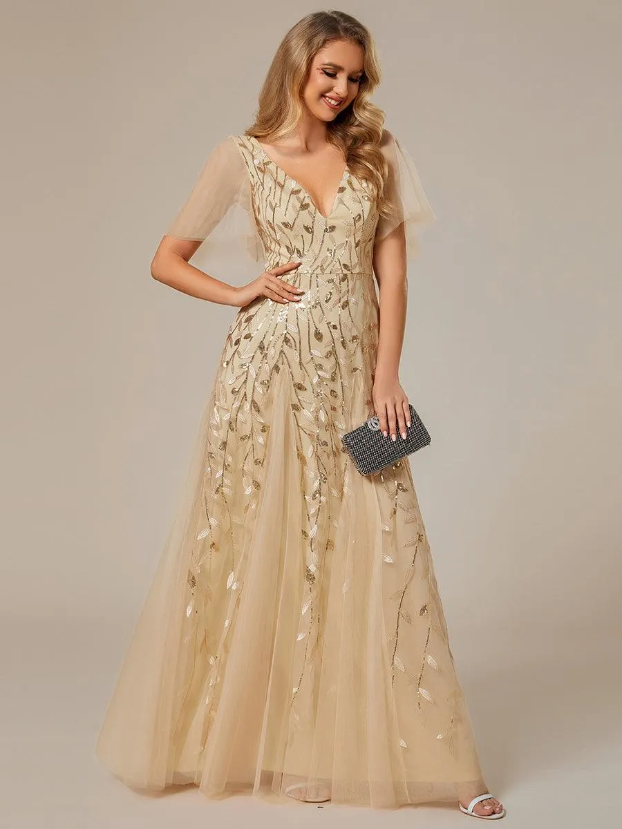 Taille personnalisée Grande Taille Robe de Soirée Romantique Scintillante à col en V et Manches à Volants