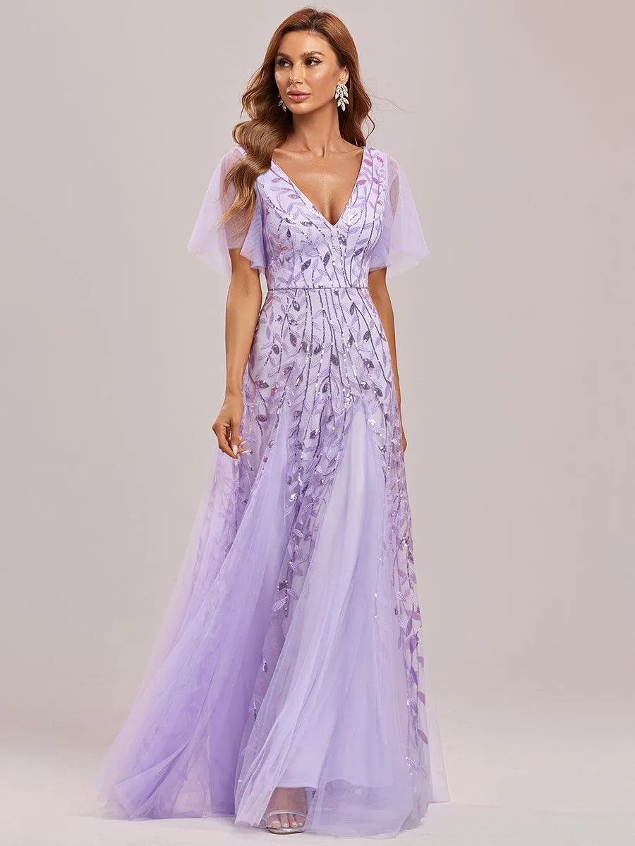 Taille personnalisée Grande Taille Robe de Soirée Romantique Scintillante à col en V et Manches à Volants