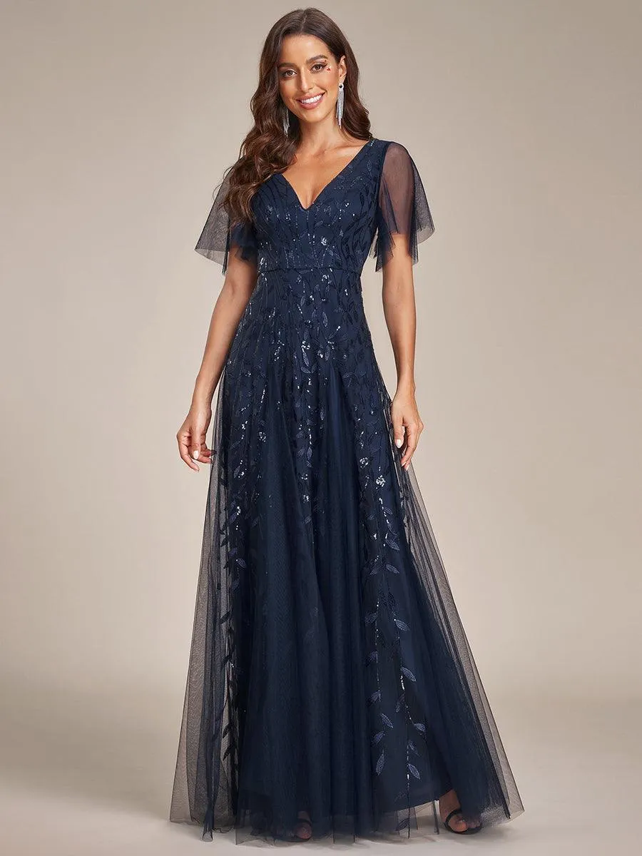 Taille personnalisée Grande Taille Robe de Soirée Romantique Scintillante à col en V et Manches à Volants