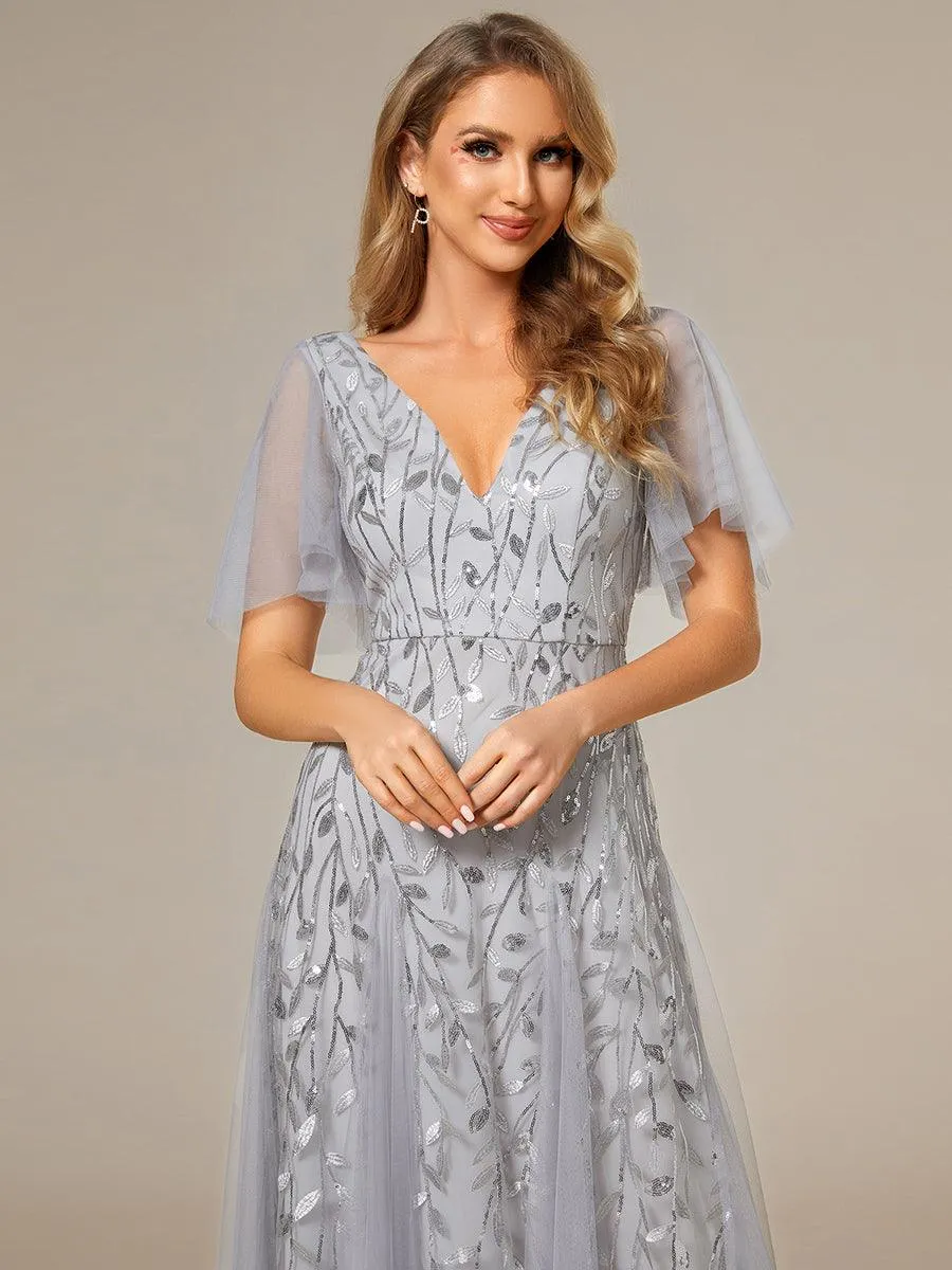 Taille personnalisée Grande Taille Robe de Soirée Romantique Scintillante à col en V et Manches à Volants
