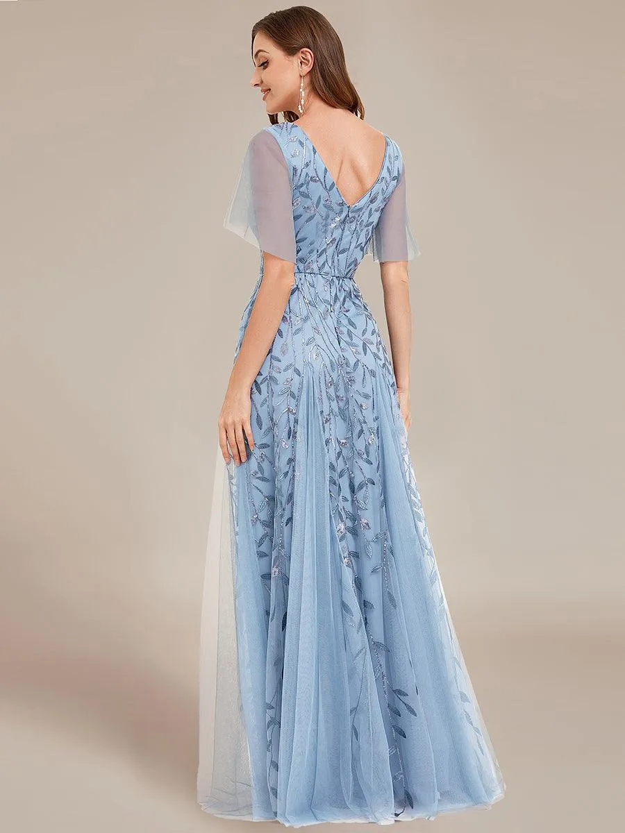 Taille personnalisée Grande Taille Robe de Soirée Romantique Scintillante à col en V et Manches à Volants