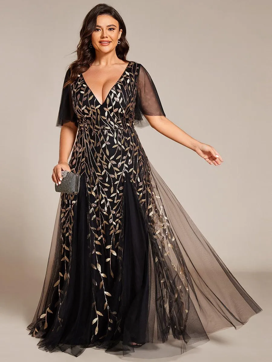 Taille personnalisée Grande Taille Robe de Soirée Romantique Scintillante à col en V et Manches à Volants