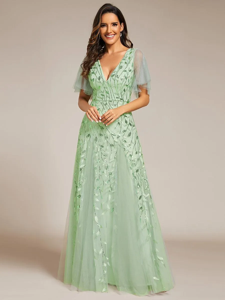 Taille personnalisée Grande Taille Robe de Soirée Romantique Scintillante à col en V et Manches à Volants