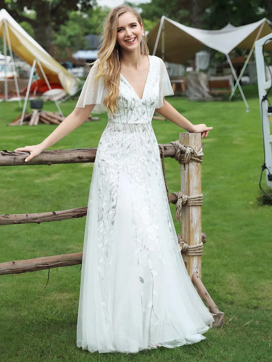 Taille personnalisée Grande Taille Robe de Soirée Romantique Scintillante à col en V et Manches à Volants