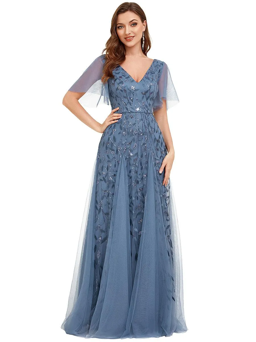 Taille personnalisée Grande Taille Robe de Soirée Romantique Scintillante à col en V et Manches à Volants