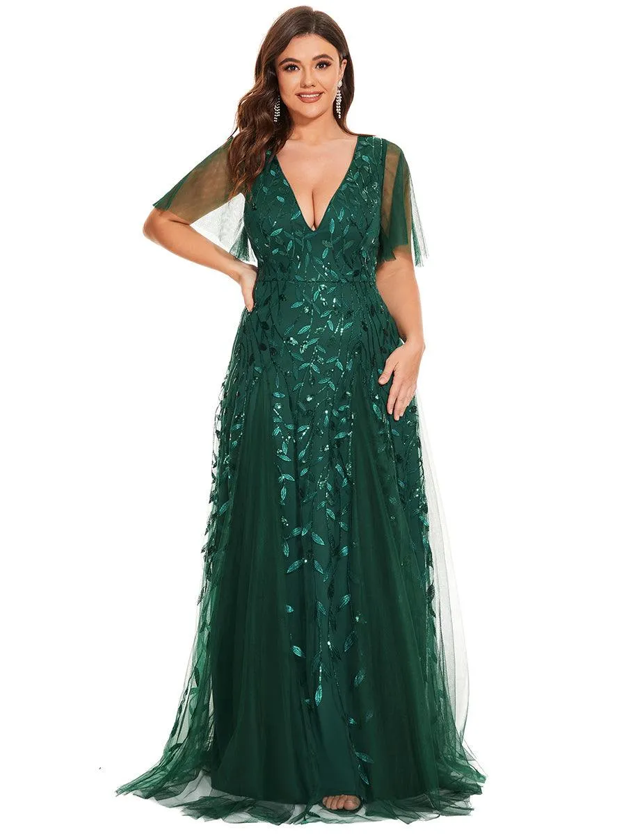 Taille personnalisée Grande Taille Robe de Soirée Romantique Scintillante à col en V et Manches à Volants