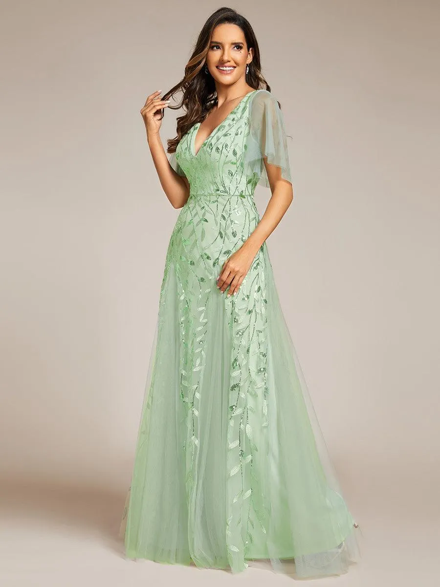 Taille personnalisée Grande Taille Robe de Soirée Romantique Scintillante à col en V et Manches à Volants