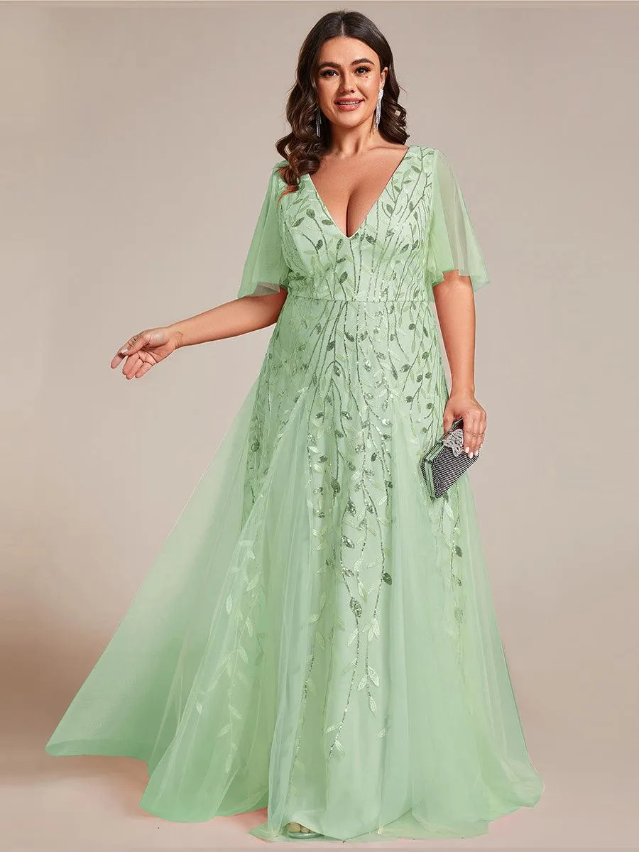 Taille personnalisée Grande Taille Robe de Soirée Romantique Scintillante à col en V et Manches à Volants