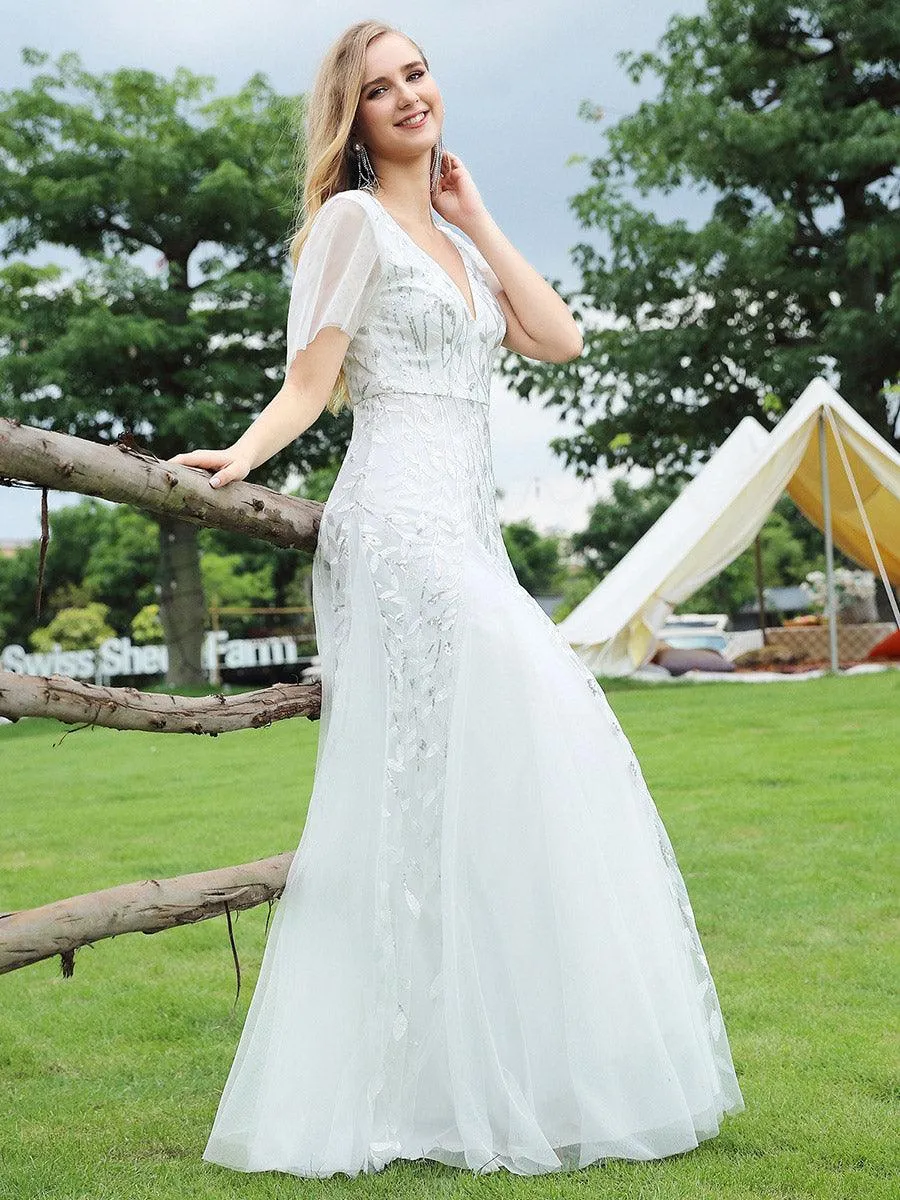 Taille personnalisée Grande Taille Robe de Soirée Romantique Scintillante à col en V et Manches à Volants