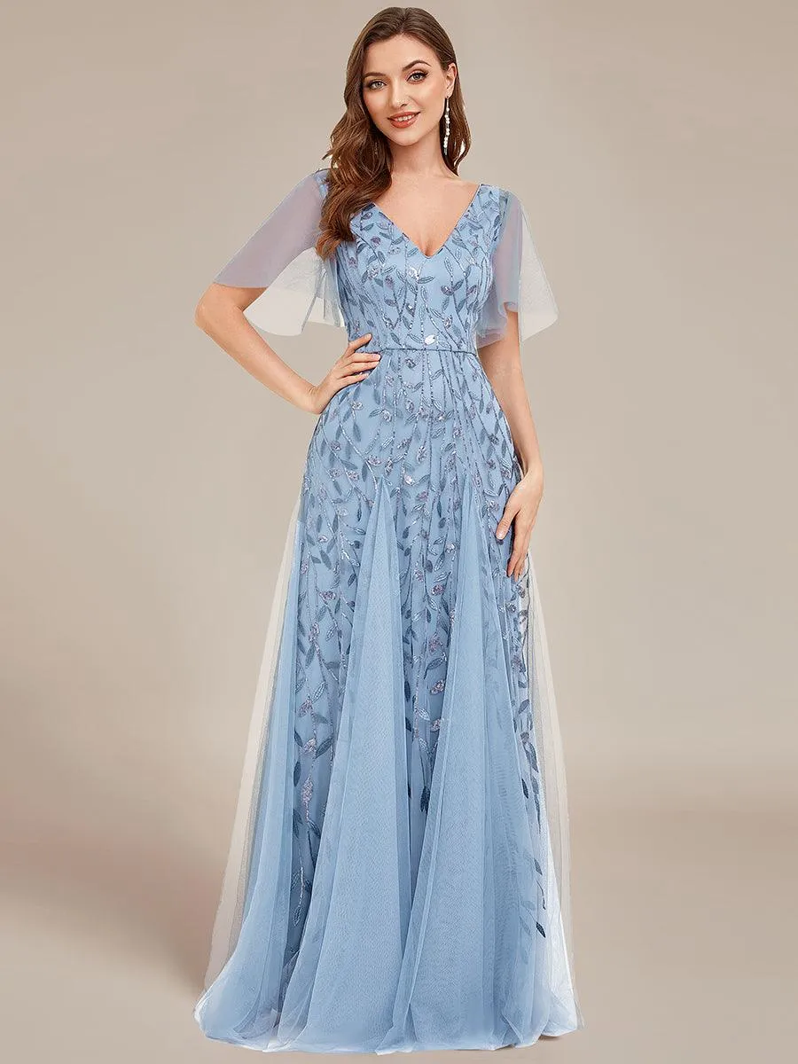 Taille personnalisée Grande Taille Robe de Soirée Romantique Scintillante à col en V et Manches à Volants