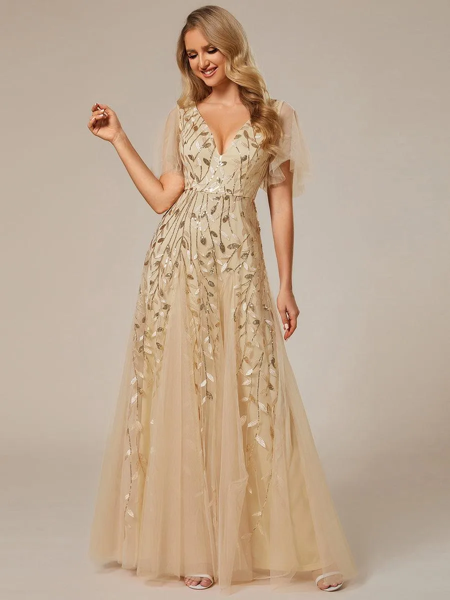 Taille personnalisée Grande Taille Robe de Soirée Romantique Scintillante à col en V et Manches à Volants