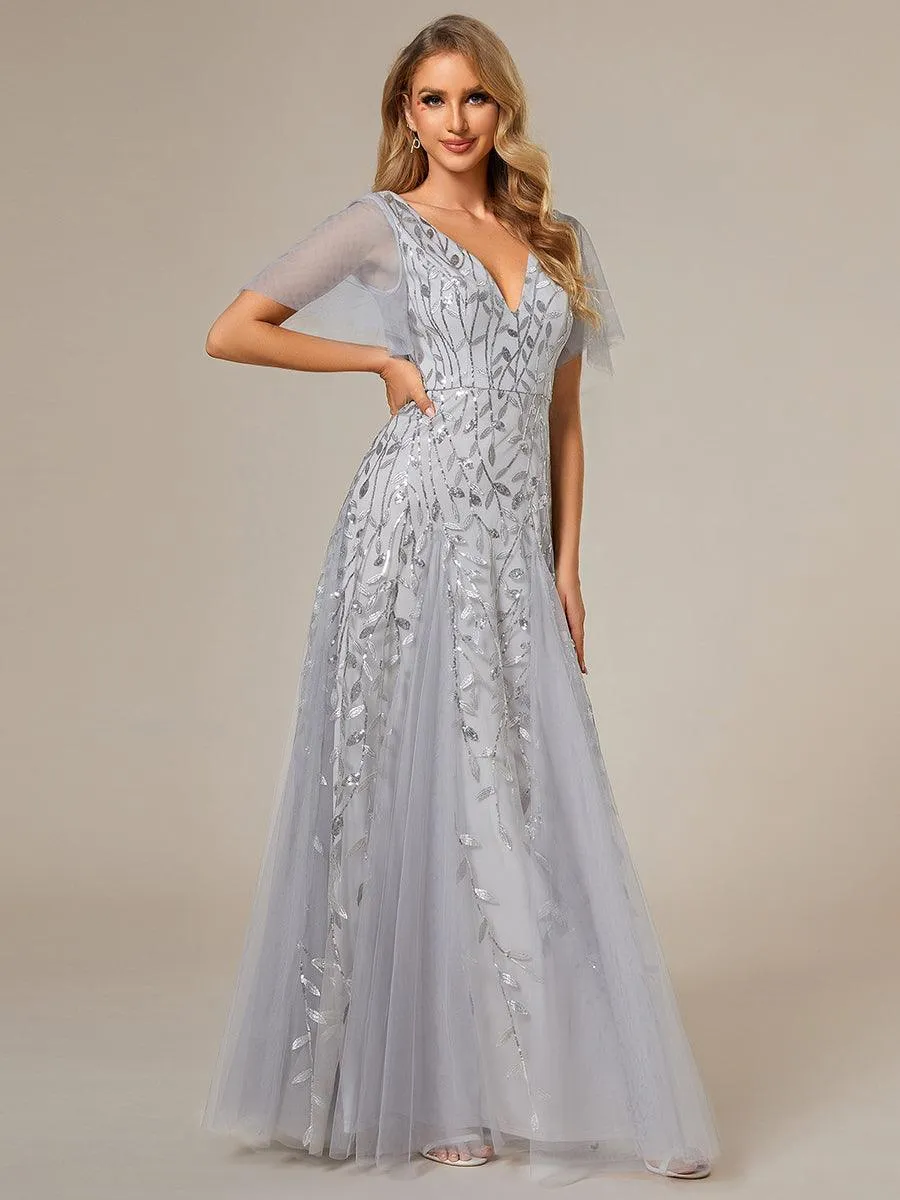 Taille personnalisée Grande Taille Robe de Soirée Romantique Scintillante à col en V et Manches à Volants