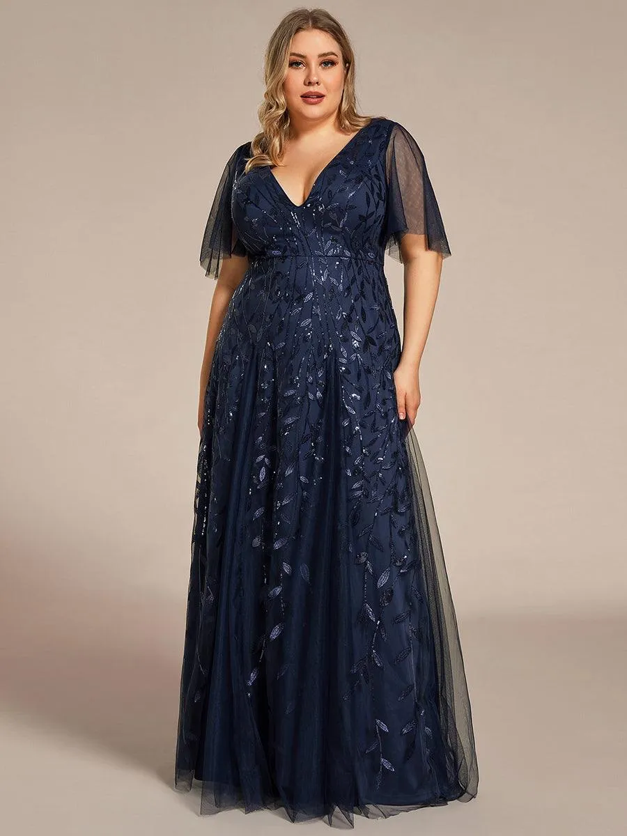 Taille personnalisée Grande Taille Robe de Soirée Romantique Scintillante à col en V et Manches à Volants