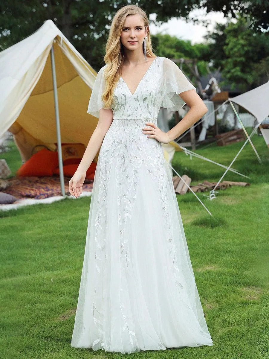 Taille personnalisée Grande Taille Robe de Soirée Romantique Scintillante à col en V et Manches à Volants
