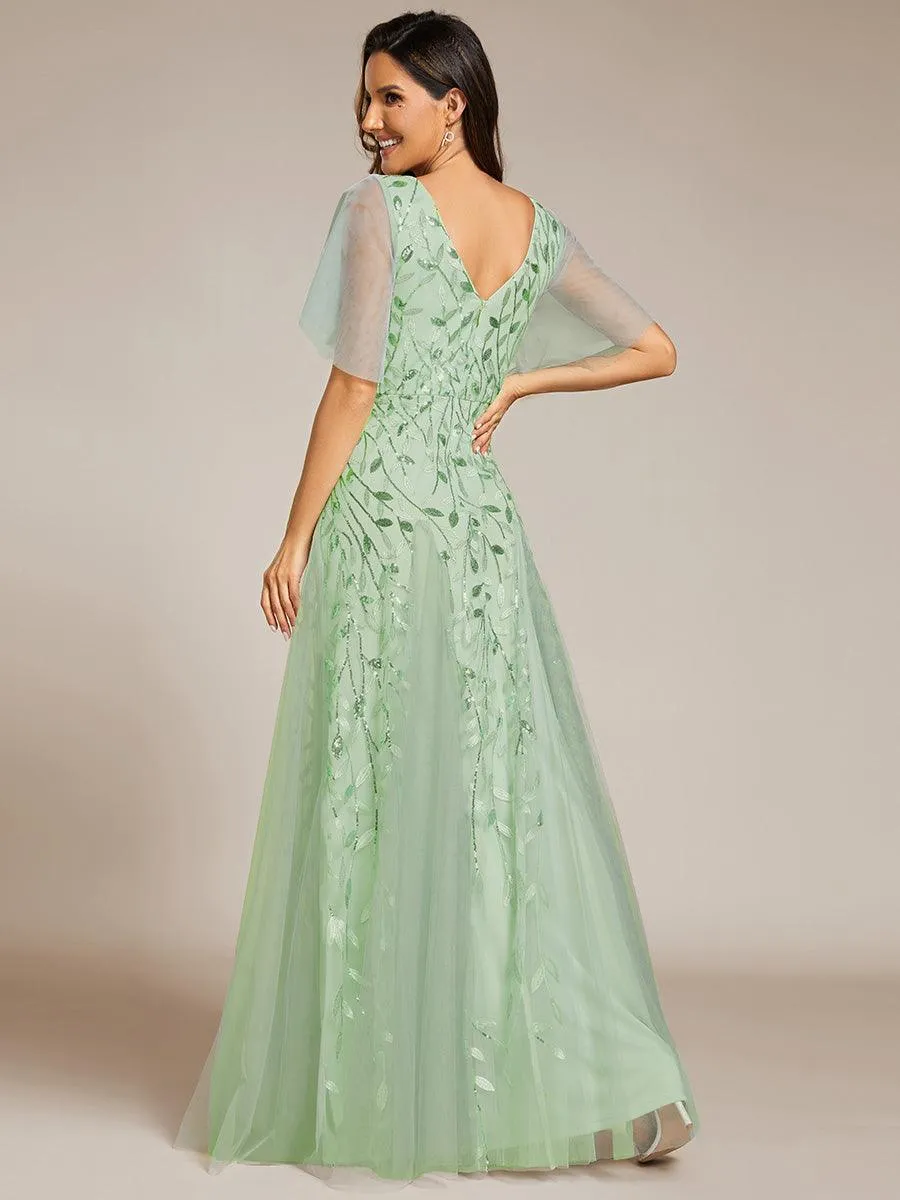 Taille personnalisée Grande Taille Robe de Soirée Romantique Scintillante à col en V et Manches à Volants