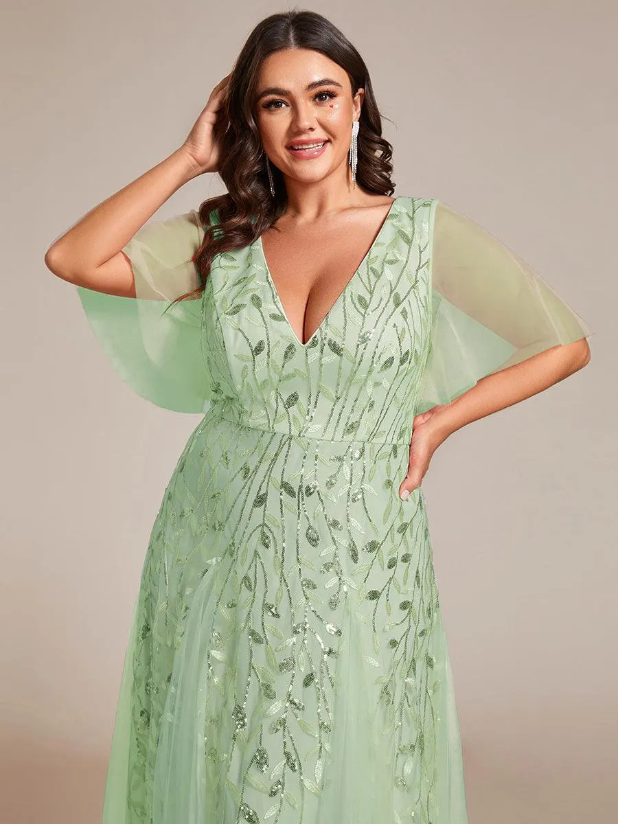 Taille personnalisée Grande Taille Robe de Soirée Romantique Scintillante à col en V et Manches à Volants