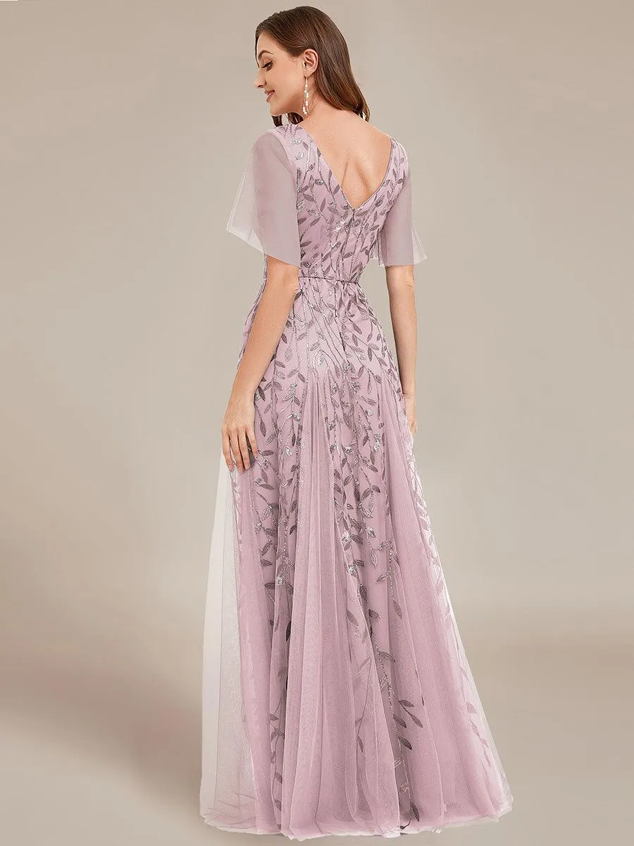 Taille personnalisée Grande Taille Robe de Soirée Romantique Scintillante à col en V et Manches à Volants