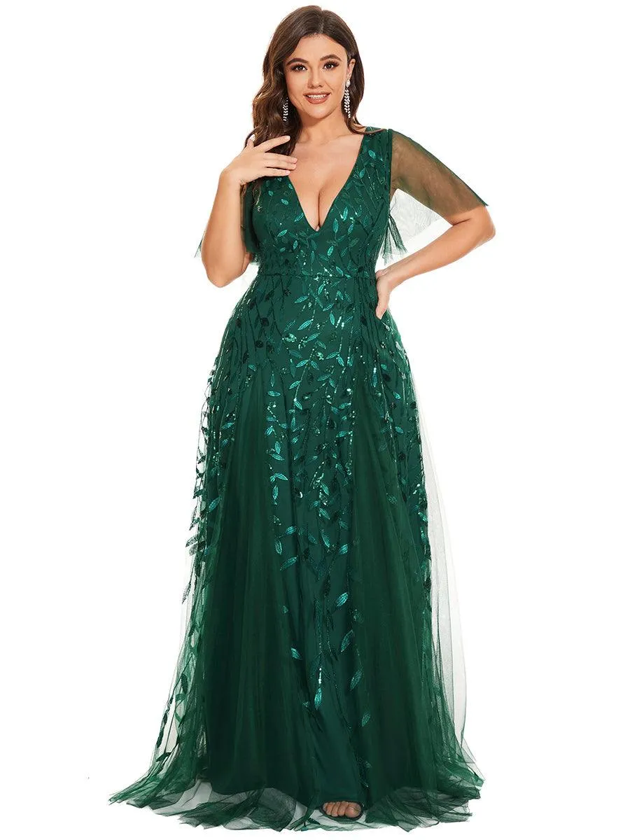 Taille personnalisée Grande Taille Robe de Soirée Romantique Scintillante à col en V et Manches à Volants