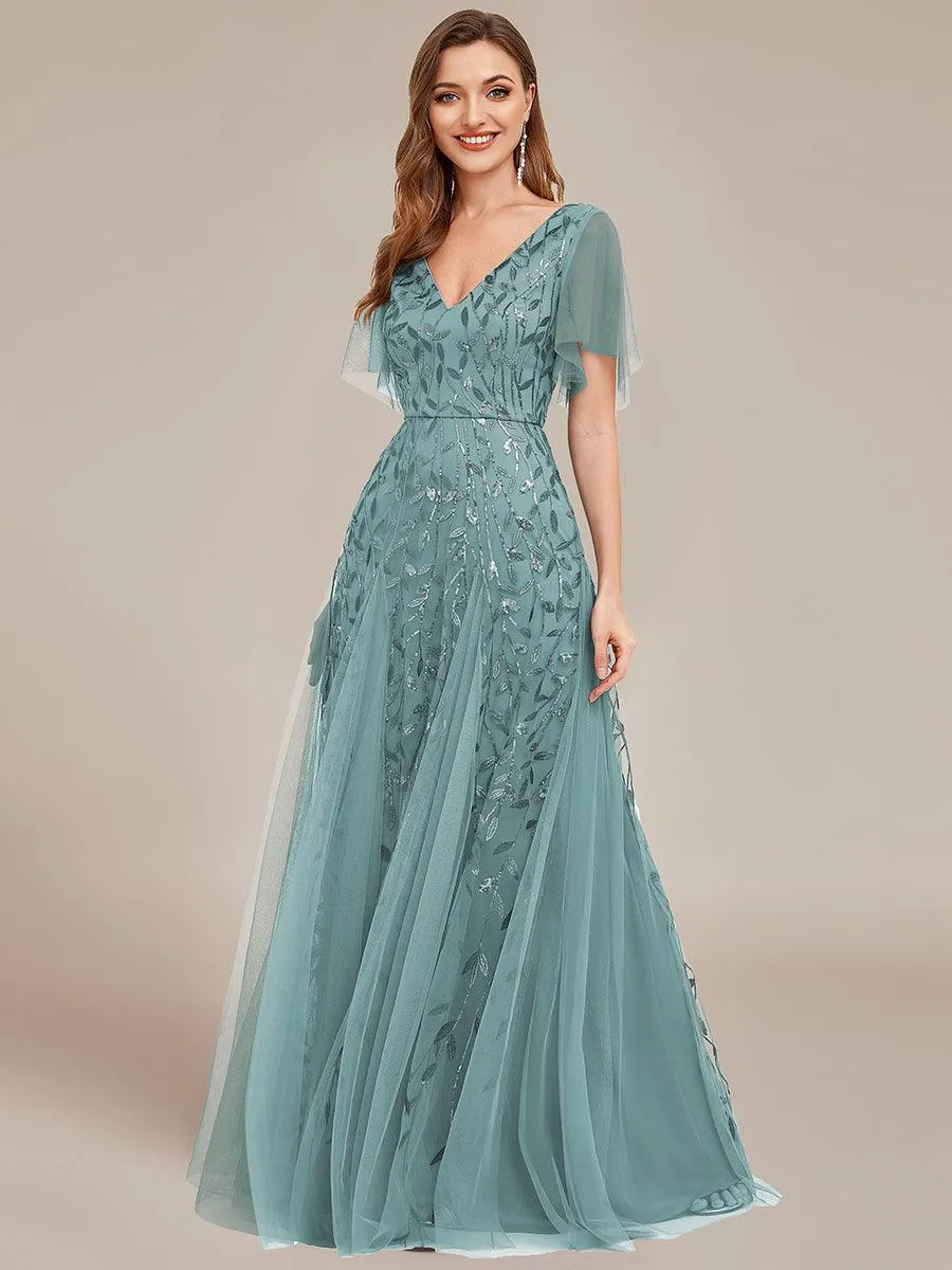 Taille personnalisée Grande Taille Robe de Soirée Romantique Scintillante à col en V et Manches à Volants