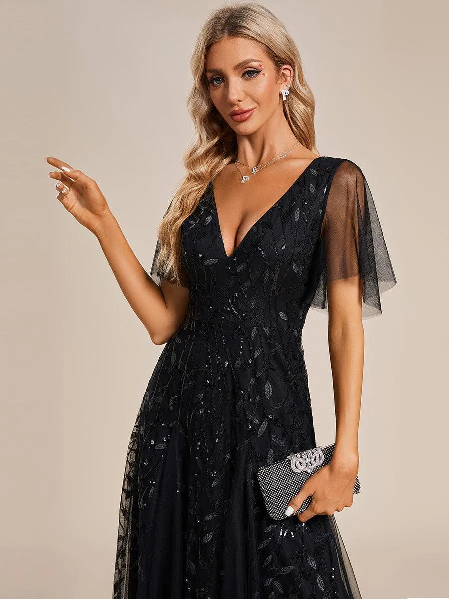 Taille personnalisée Grande Taille Robe de Soirée Romantique Scintillante à col en V et Manches à Volants