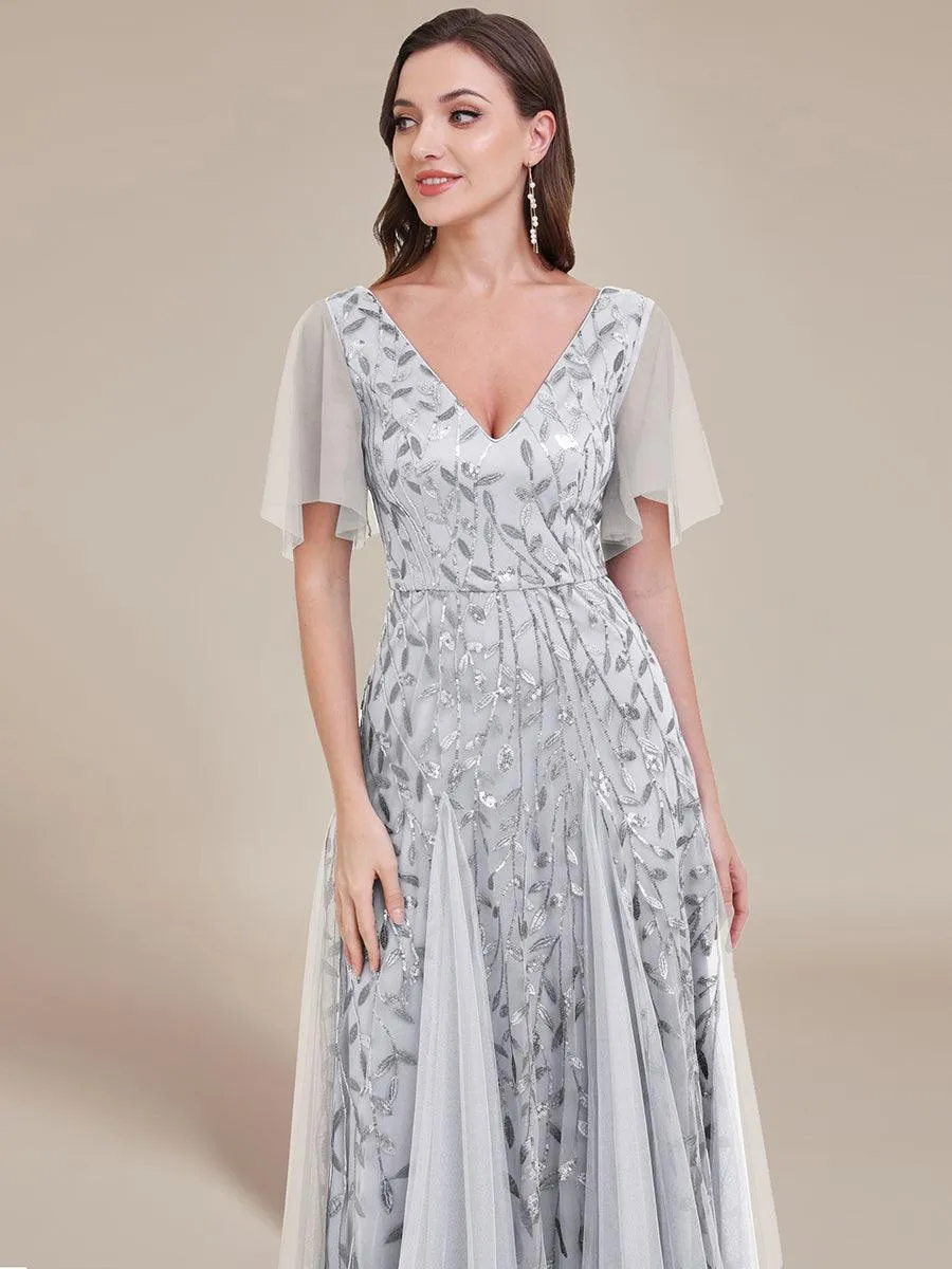 Taille personnalisée Grande Taille Robe de Soirée Romantique Scintillante à col en V et Manches à Volants