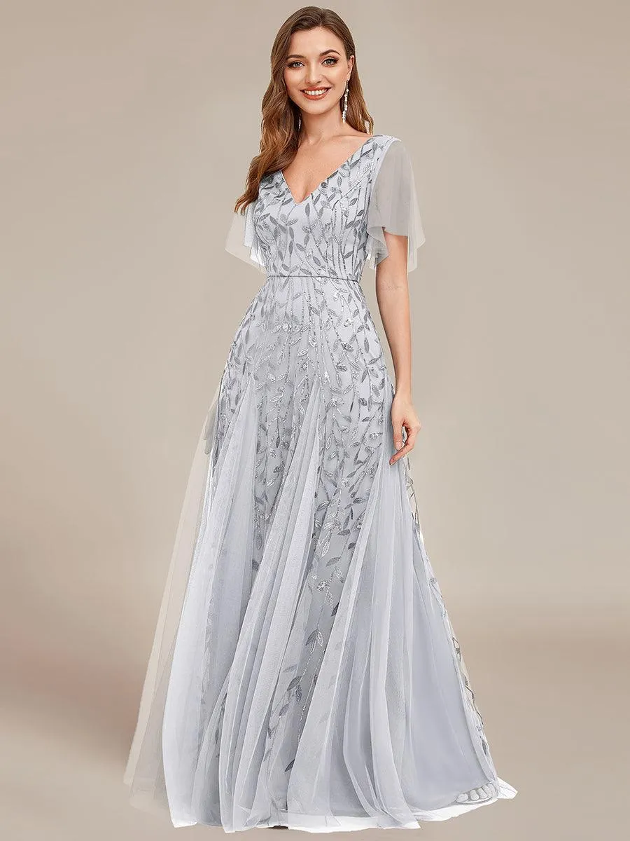 Taille personnalisée Grande Taille Robe de Soirée Romantique Scintillante à col en V et Manches à Volants